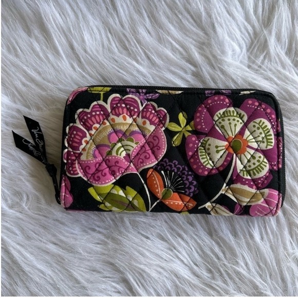 Vera Bradley Wallet Coin Purse Quilted Floral Zip Around Black Pink Green Zip - Picture 5 of 12